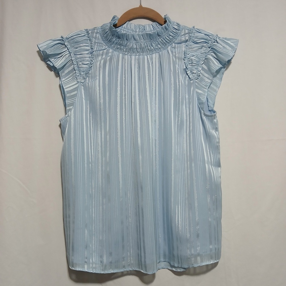 Calvin Klein Women's Blue Striped Ruffle Mock Neck Sleeveless Top‎ - Size L